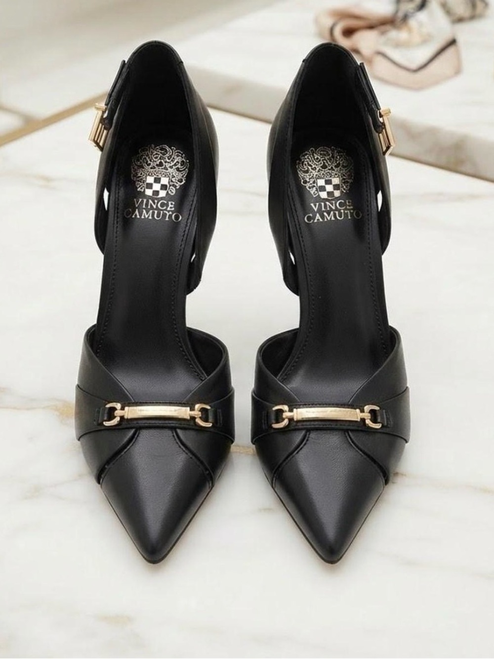Vince Camuto Black Pointed Toe Ankle-Strap Heels with Gold Hardware
